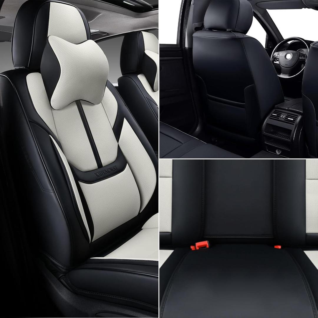 Auto Car Seat Covers Accessories Full Set Leather Cushion Protector Breathable Waterproof Seat Cover for Cars Universal Fit (Black&White, Front Pair and Rear)