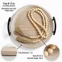 13" Round Decorative Wood Tray with Handles, Whitewashed Farmhouse Coffee Table Decor for Living Room, Entryway & Kitchen Island, Includes Bead Garland, Giftable Home Decor