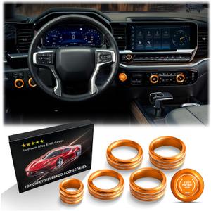 Polodunn for 2022-2025 2026 Chevy Silverado 1500 Accessories & 2024-2025 Chevrolet Silverado 2500HD/3500HD, 7pcs Aluminum Alloy Knob Cover Trim Kit (Orange) - Push Start, AC, Volume, Headlight & Mode