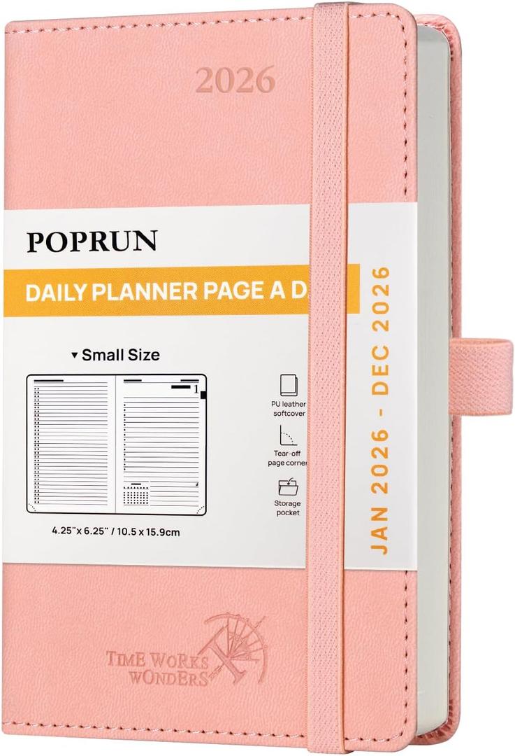 POPRUN Daily Planner 2026 (Jan - Dec), (Purse Size-4.25" x 6.25") 2026 Daily Calendar with One Page Per Day Even Weekends, Hourly Appointment Book with Pocket, PU Leather Softcover - Pink