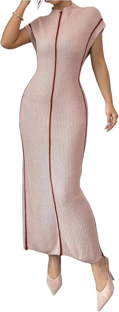 Verdusa Women's Sweater Dress Mock Neck Dolman Short Sleeve Slim Fitted Maxi Dresses (Large)