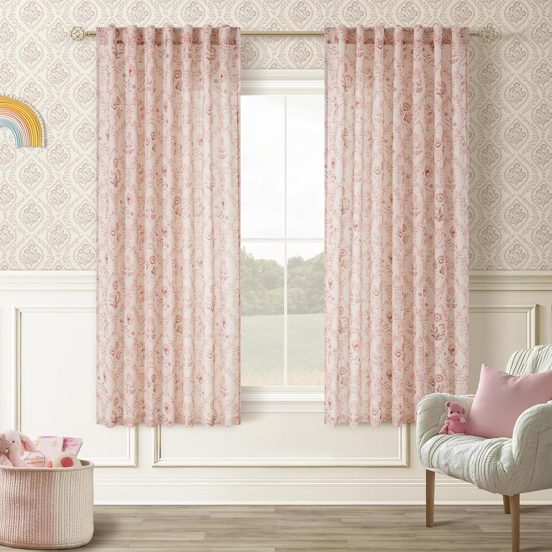 Pink Floral Linen Curtains 63 Inch Length 2 Panels Set Patterned Semi Sheer Living Room Girls Bedroom Back Tab Rod Pocket Farmhouse Boho Short Dusty Pink Blush Kitchen Window Curtain Drapes 52x63