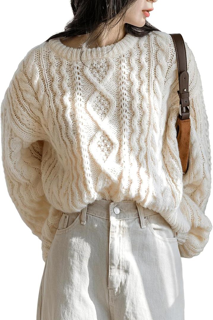 Milumia Women's Chunky Cable Knit Sweater Long Sleeve Crewneck Pullover Tops (Beige, M)