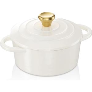 YUTANN Mini Dutch Oven, Small Dutch Oven, Small Round Iron Cocotte with Lid, Mini Cocotte for Baking, Souffl, Soup, Cobbler, Microwave/Dishwasher/Freezer Safe, 13 OZ (White)