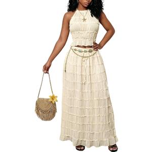 LETSVDO Skirt Sets Women 2 Piece Outfits Backless Halter Top And Pleated Ruffle Flowy Maxi Skirts Y2k Beach Vacation Set (XL)