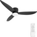 52 Inch Ceiling Fan with Light and Remote Control, LED Flush Mount Low Profile Black Ceiling Fans for Bedroom Farmhouse Patio Outdoor Living Room, Modern Dimmable 6 Speed Reversible, DC Motor