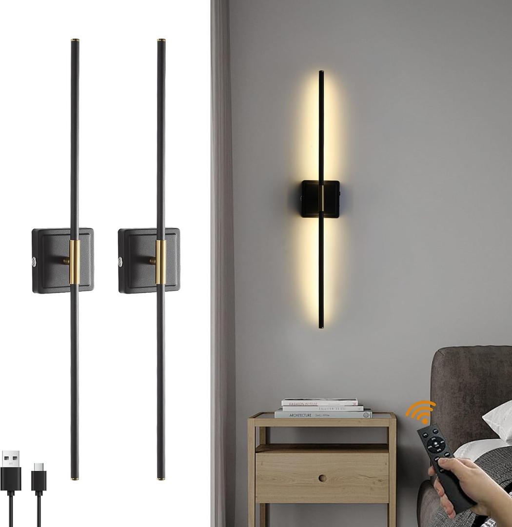 Battery Operated Wall Sconces Set of 2,10000mAh Wireless Wall Light with Remote Control,3000K-6500K Dimmable Rechargeable Wall lamp for Living Room Bedroom Wall Decor(Black)