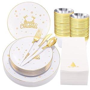 Nervure 175PCS White and Gold Disposable Plates&Gold Plastic Silverware with White Handle for Merry Christmas&Party includes 25Dinner Plates 25Dessert Plates 25Knives 25Forks 25Spoons 25Napkins