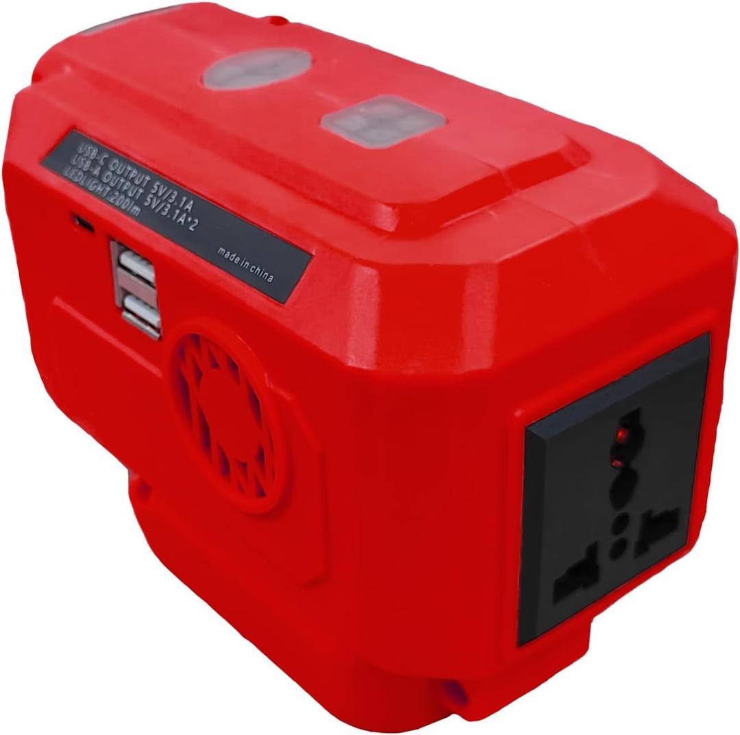 200W Portable Power Inverter Converts for Milwaukee 18V Batteries to 230V AC & Dual USB/Type-C Outputs, Built-in 200LM Emergency LED Light for Camping/Blackouts, Compact & Lightweight