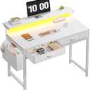 Computer Desk with 2 Drawers & LED Lights,31.5 Inch Home Office Desks with Side Pocket and Monitor Stand,Study Writing Table for Small Spaces,White