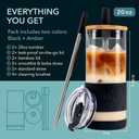 Pandaloo Glass Cups With Lids and Straws -20 Fl Oz- Perfect Size Iced Coffee Cup - Smoothie Cup With Bamboo Lid and On the go Lid - Glass Tumbler (2 Count (Pack of 1), Amber Sand-Black Saphir)