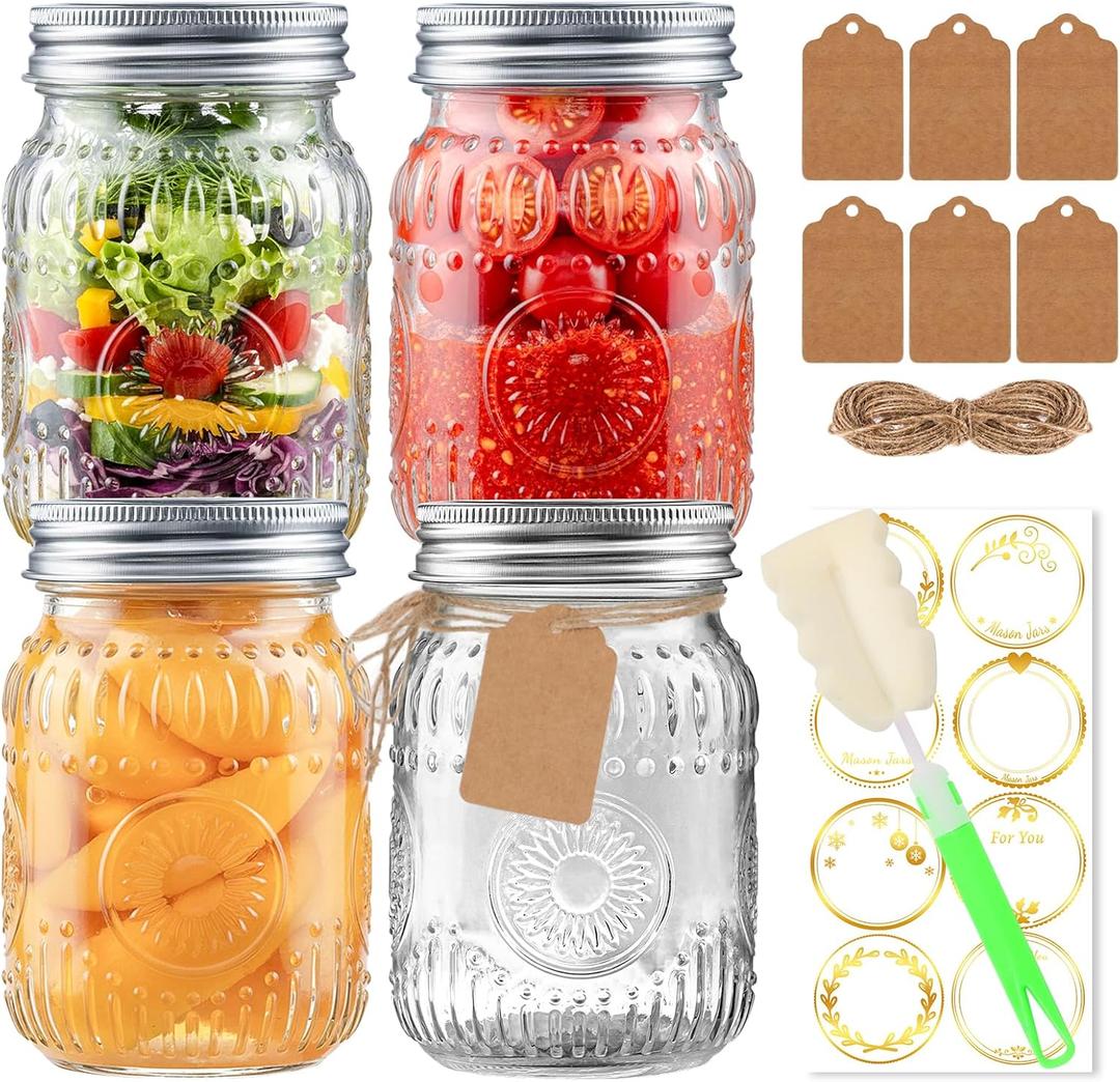 16oz Mason Jars with Airtight Rust-Proof 304 Stainless Steel Lids and Bands, 4 Pack with Elegant Sunflower Embossing, Pint Glass Jars for Meal Prep, Pickling, Overnight Oats, Dry Food & DIY Crafts