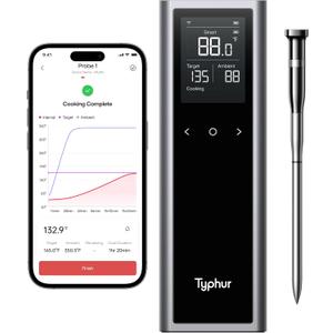 Typhur Sync One Smart Wireless Meat Thermometer: Standalone Base with LCD Display, Unlimited WiFi & Bluetooth Range, Enhanced Signal Stability for BBQ, Grill, Oven, and Smoker (1 Probe)