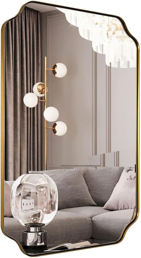 ANDY STAR Brushed Gold Mirror, 22"x30" Bathroom Vanity Mirror, Rounded Rectangle Bathroom Mirror with Stainless Steel Metal Framed, Wall Mounted Decorative Mirror (Horizontal/Vertical)