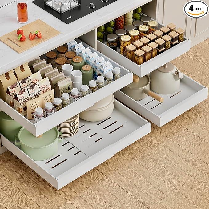 4 Pack Expandable Pull Out Cabinet Organizer, 21"Deep Slide Out Drawer with Nano Adhesive, Upgrade 3 Slide Rails Roll Out Shelf for Kitchen, Pantry or Bathroom, Adjustable Width 12.4"-20.2