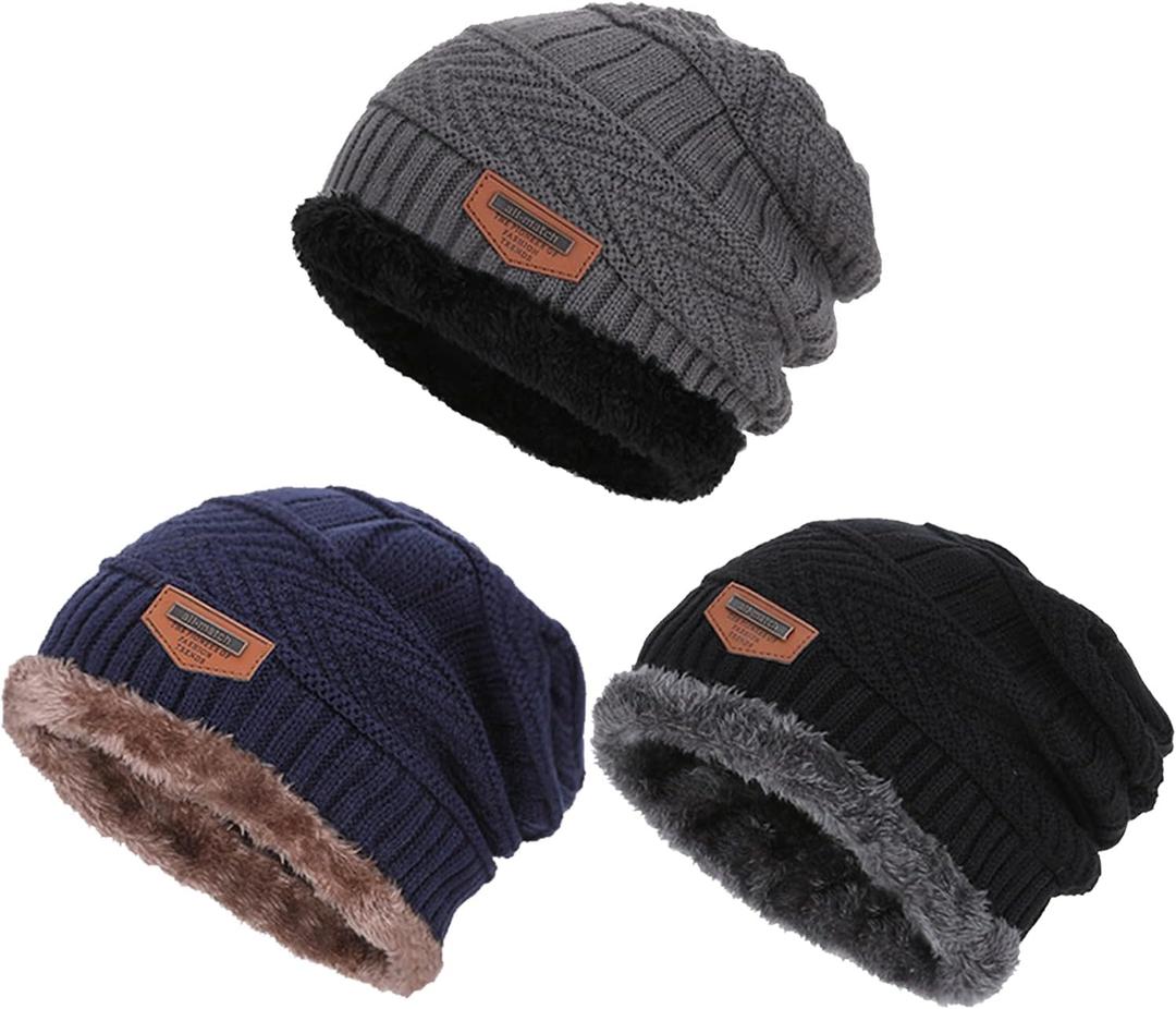 Kids Winter Thick Beanie Hat Scarf Set Slouchy Warm Snow Knit Skull Cap (3 Hats (Black,gray,navy))