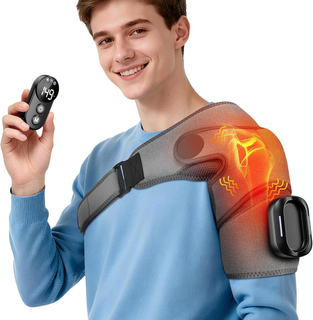 Cordless Shoulder Heating Pad with Massage for Pain Relief  Heated Shoulder Wrap with Vibration, Rechargeable Detachable Magnetic Controller, Ideal for Frozen Shoulder, Rotator Cuff, Daily Soreness