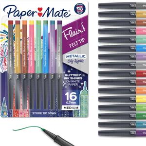 Paper Mate Flair Metallic Felt Tip Pens City Lights Collection Glittery Assorted Colors Premium Ink 16 Count Perfect for Writing Doodling and Bullet Journaling
