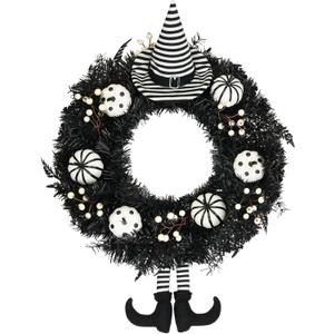 26" Halloween Wreath for Front Door with Hat, Legs, Pumpkins
