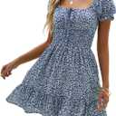 Heysolo Womens Boho Floral Smocked Square Neck Short Sleeve Ruffle Beach Summer Mini Dress (Blue)