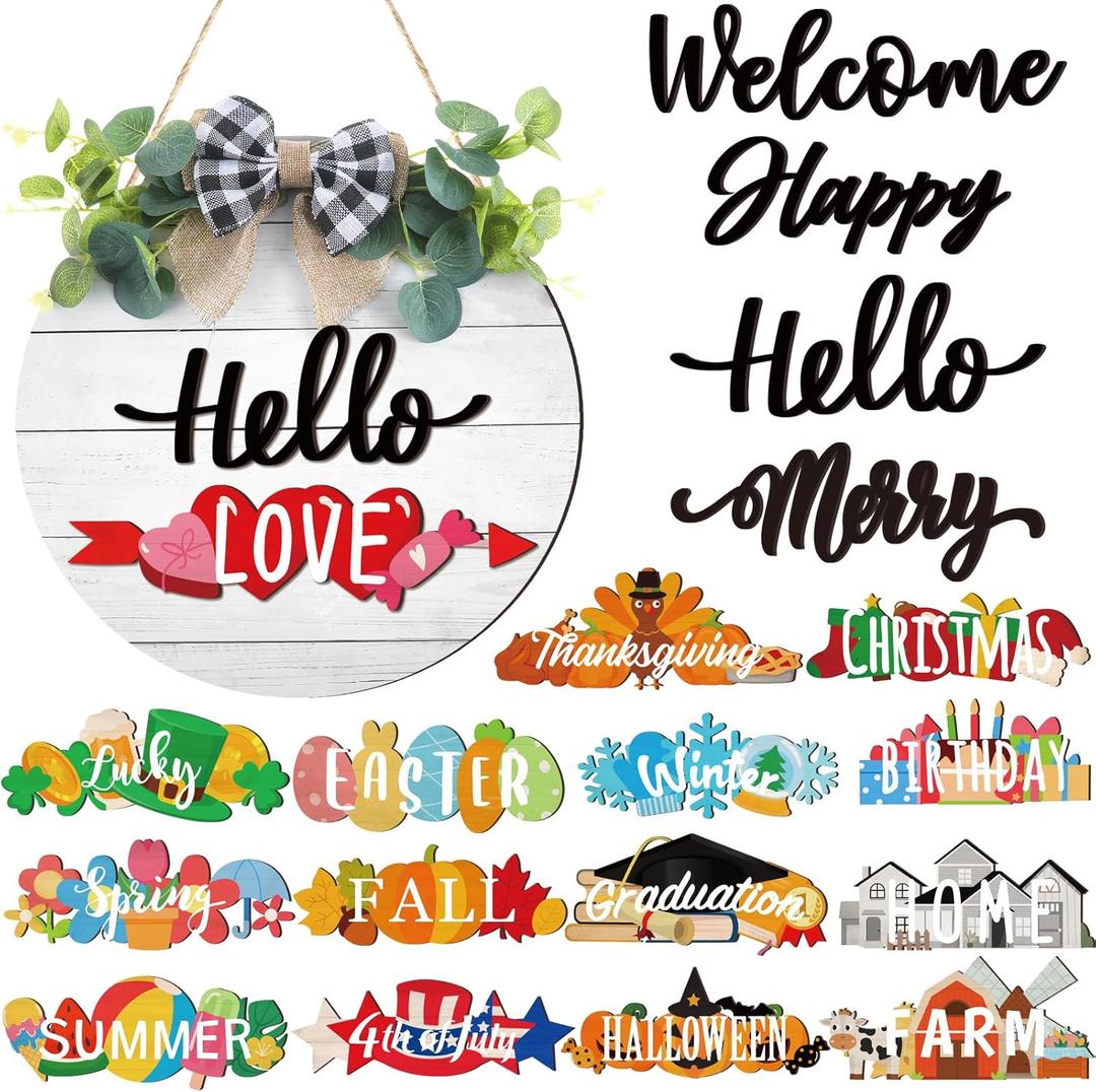20 Pieces Interchangeable Welcome Sign for All Seasons Seasonal Front Door Decor with 4 Pcs Sign and 15 Pcs Changeable Icons Farmhouse Front Porch Rustic Holiday Wooden Door Decor(White)