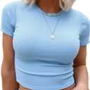 Allimy Womens Summer Short Sleeve Slim Fitted Tshirt Round Neck Ribbed Crop Tops (Large, Sky Blue)