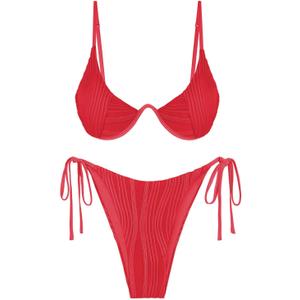 ZAFUL Women's Textured Underwire Bikini Set V Notch High Cut Swimwear Tie Side Ribbed Sexy Swimsuits (Small, Red)