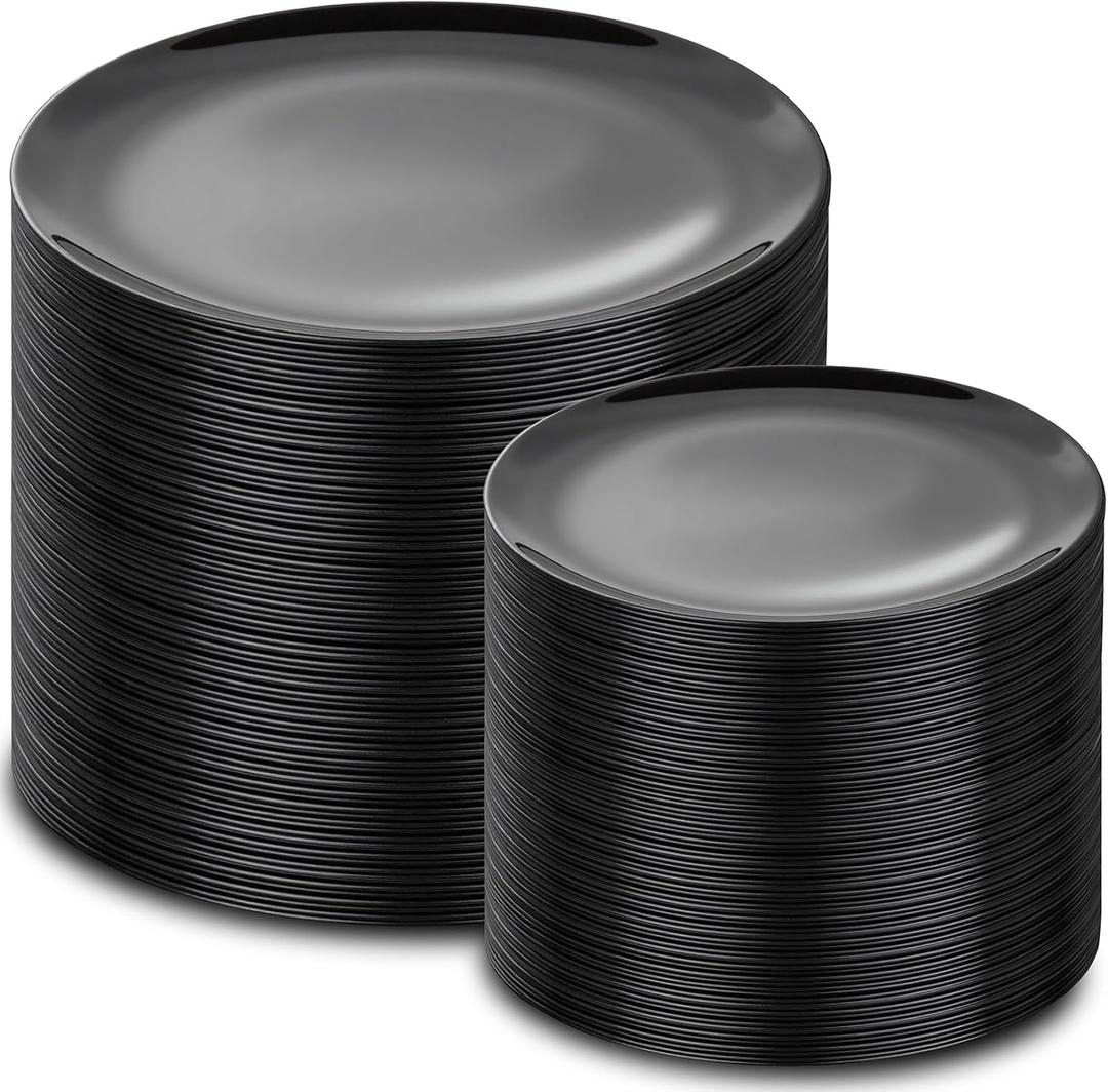 PULOTE 200PCS Black Plastic Plates - Heavy Duty Black Disposable Include 100 Each (10 inch Dinner & 7 inch Dessert) Plates, Disposable for Party, Birthday & New Year