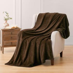 Vessia Flannel Fleece Throw Blanket, 300GSM Cozy Brown Stripe Throw for Couch, Sofa and Bed, Warm and Soft Chocolate Microfiber Ribbed Blanket for All Season (50x60 inch)