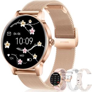 1.27'' Smart Watches for Women (Answer/Make Calls), Activity Fitness Tracker with 130+ Sport Modes, 24/7 Heart Rate, Sleep Monitor, 4 Watch Bands,Waterproof Smartwatch for Android & iPhone, Rose Gold