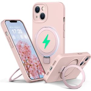 Liquid Silicone Case for iPhone 14 with Magnetic Ring Stand, Upgraded Camera Lens Protection, Mil-Grade Drop Shockproof, Anti-Scratch Microfiber Lining Silicone Case (Pink)