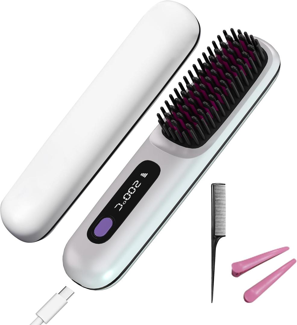 GERY Go Brush Pro 2026 Upgrade Portable Cordless Hair Straightener Brush Comb for Women Short Hair, Fast Heating with LCD Temperature Display, Negative Ion, Travel Gift (White)
