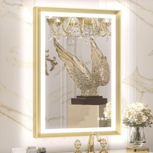 TETOTE Gold LED Bathroom Mirror with Lights 24x36 Frontlit & Backlit Vanity Framed Mirror Baroque Anti Fog Stepless Dimmable White/Warm/Natural,CRI90+,Waterproof,Wall Mounted(Horizontal/Vertical) (36"L x 24"W, Brushed Gold)