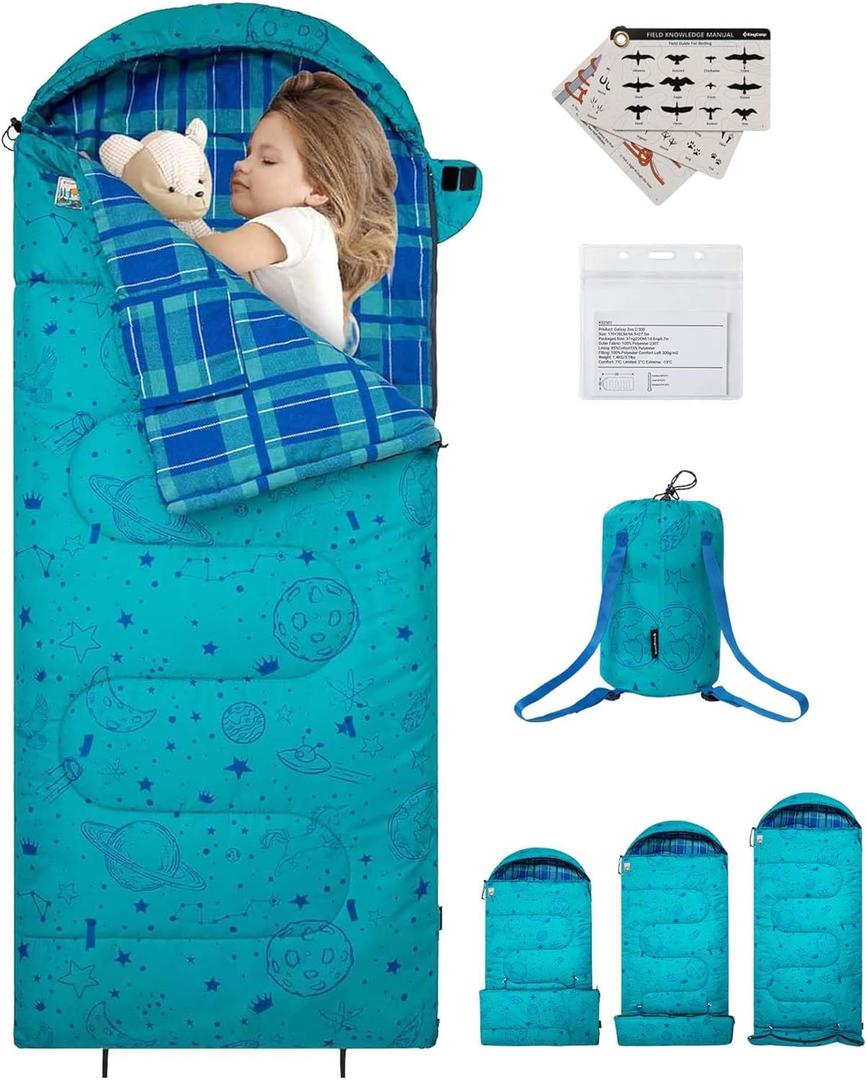 KingCamp 45°F Kids Sleeping Bag, Lightweight Waterproof & Compact Flannel Sleeping Bags Cold Weather & Warm Youth Essentials Gear Accessories for Camping, Fits 10-12 Children up to 4'7"-5'5" Tall