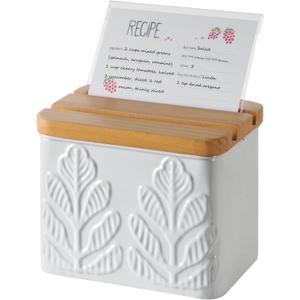 Recipe Box with Cards and Dividers Set 4x6 Recipe Holder for Kitchen Counter Metal White Plant Pattern Embossed Recipe Card Box with Wooden Grooved Lid