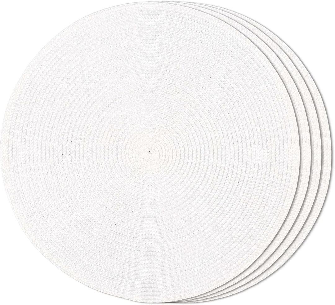 FunWheat Round Braided Placemats Set of 4 Table Mats for Dining Tables Woven Washable Non-Slip Place mats 15inch (White, 4pcs)