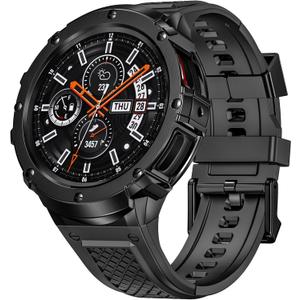 Silicone Band with Stainless Steel Case Cover Compatible with Samsung Galaxy Watch 7 44mm Bands Protective Case Cover for Men, (Black)