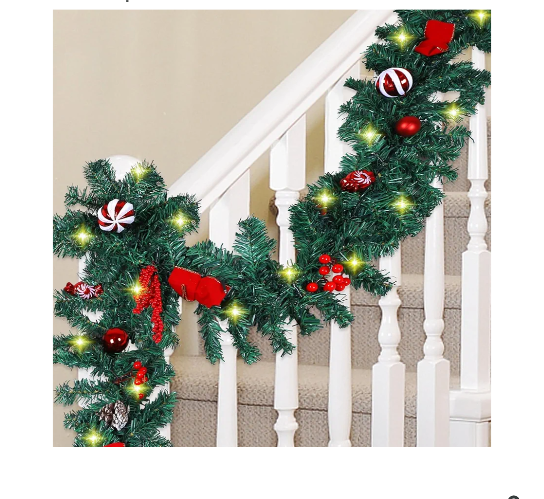 MorTime 4 Pack 9 FT LED Christmas Garland with Pinecones Red Berries Bows Christmas Balls Candies, Multi-Function Christmas Garland with 50 Warm White LED Lights, 180 Branch Tips