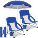 Colingmill 3 Pcs Folding Beach Chairs with Umbrella, Low Outdoor Chairs for Adults with Cup Holders and Carry Bags, Portable Set with 61 Inch Shade Canopy, 300 lbs Capacity(Navy Blue)