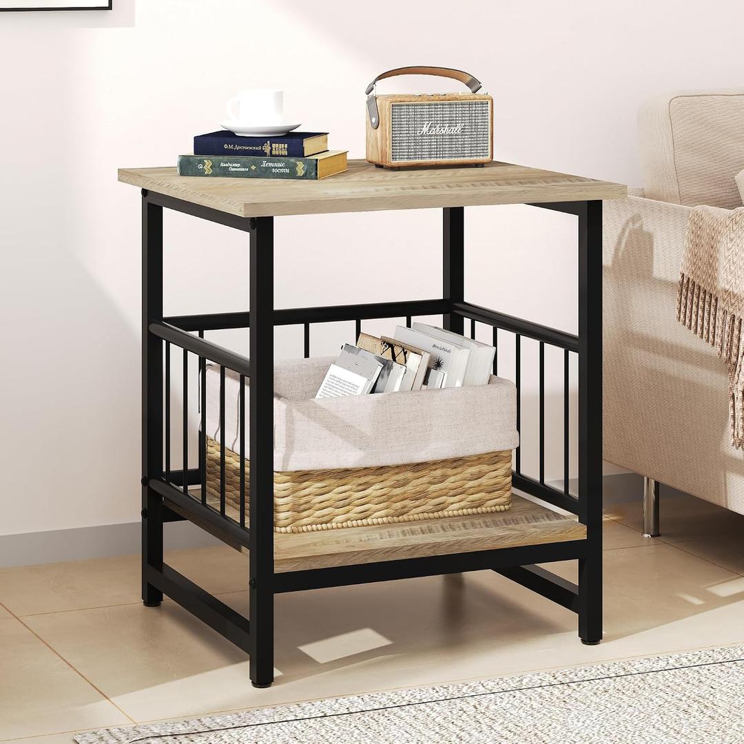 EazeHome 18" Square End Table with Storage Shelf, 2 Tier Rustic Side Table Nightstand for Living Room, Bedroom, Wooden Tabletop with Metal Frame, Gray