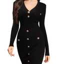 M.Infisavo Womens Sweater Knit Bodycon Dress, V Neck Mini Casual Dresses Long Sleeve Button Down Vintage Fall Elegant Outfit Black, L