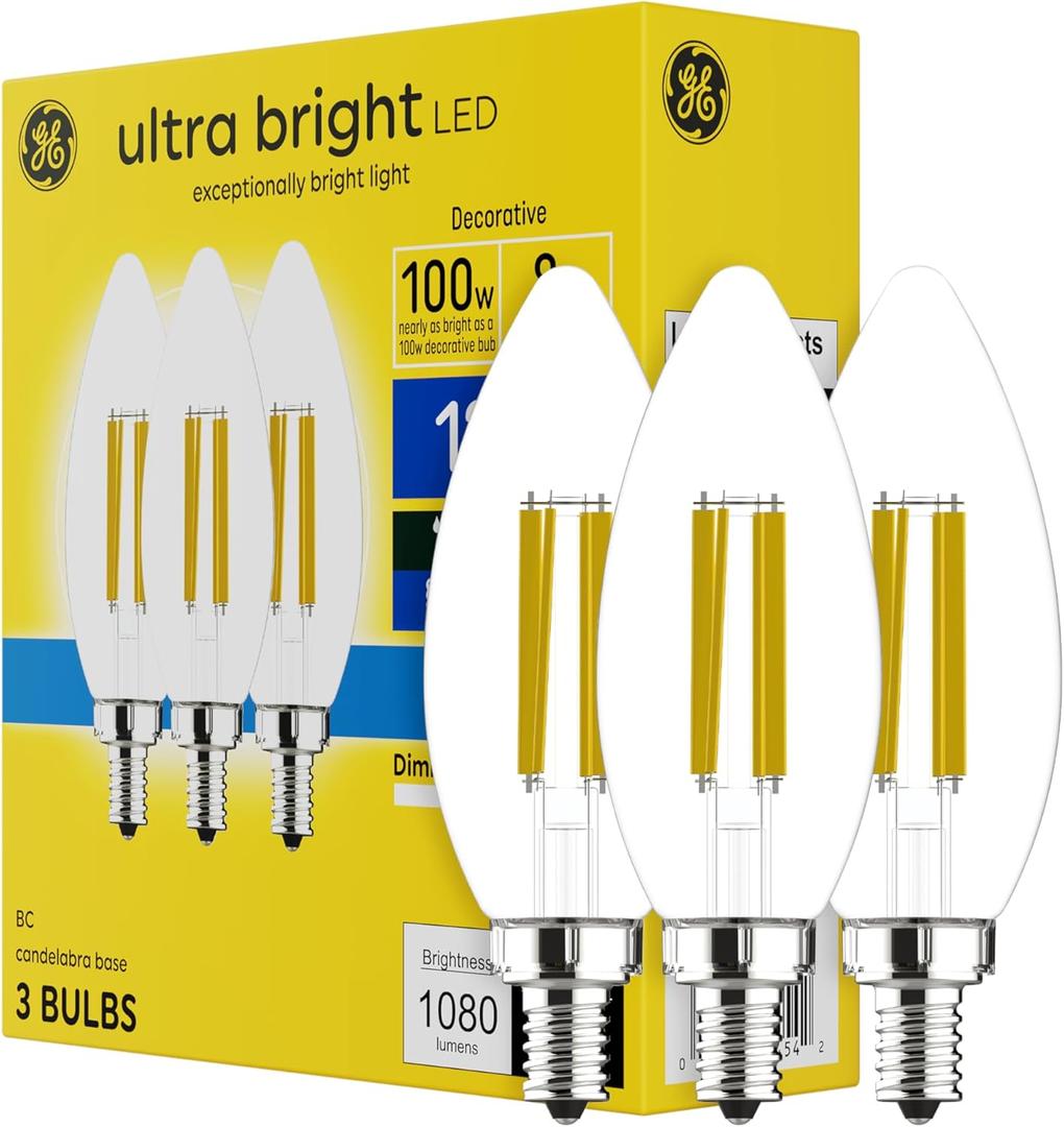 GE Ultra Bright LED Light Bulbs, 100W, Daylight Candle Lights, Clear Decorative B12 Light Bulbs (3 Pack)