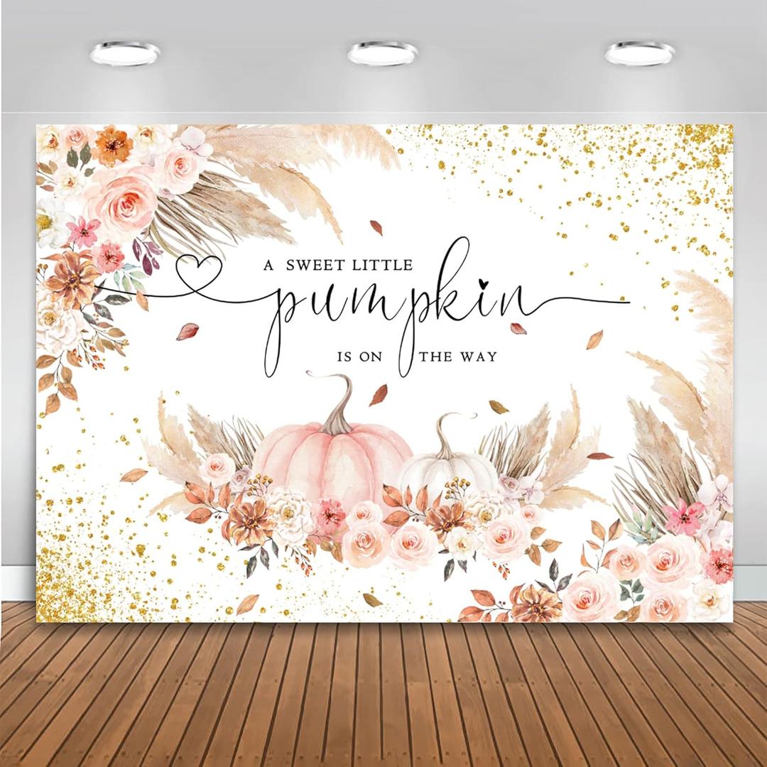 Mocsicka Pumpkin Backdrop for Girl Boy Autumn Fall Baby Shower Party Decorations Boho Blush Floral A Little is On The Way Cake Table Banner (Pink, 8x6ft(96''x72'')) (J-AY-0437)