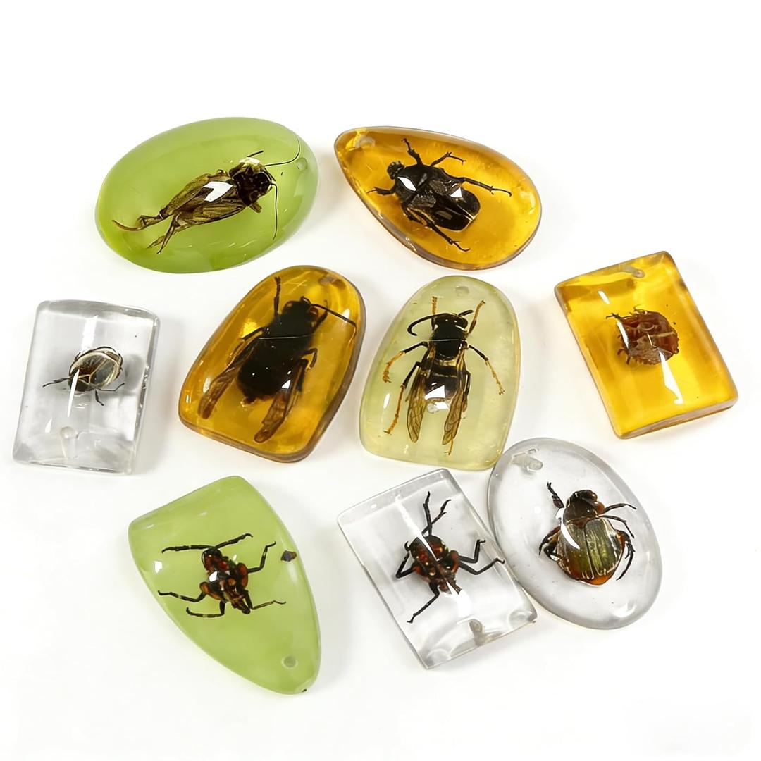 9 pcs Insect Amber Fossils, BOSOIRSOU Fossil Pendants, Different Insect Specimen, Bug Preserved in Resin, Educational and Scientific Amber Collections - Random Patterns