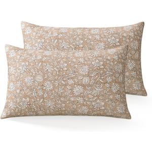 DWR Floral Throw Pillow Covers 12x20 Set of 2, Block Print Decorative Pillow Covers in Soft Taupe, Neutral Faux Linen Cotton Blend, Vintage Look for Couch, Sofa, Bed, Living Room