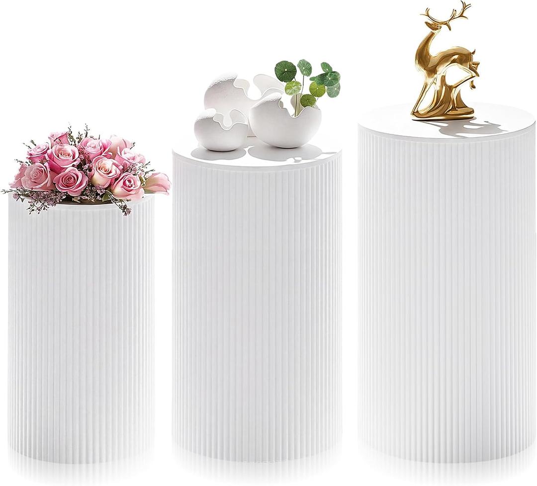Zonon 3 Pcs White Cylinder Pedestal Stands for Party, Metal Display Stands Pillars for Wedding Bridal Ceremony Baby Shower Birthday Party Decorations, 19.6*12.6''(L), 19.7*11''(M), 17.7*9.5''(S)