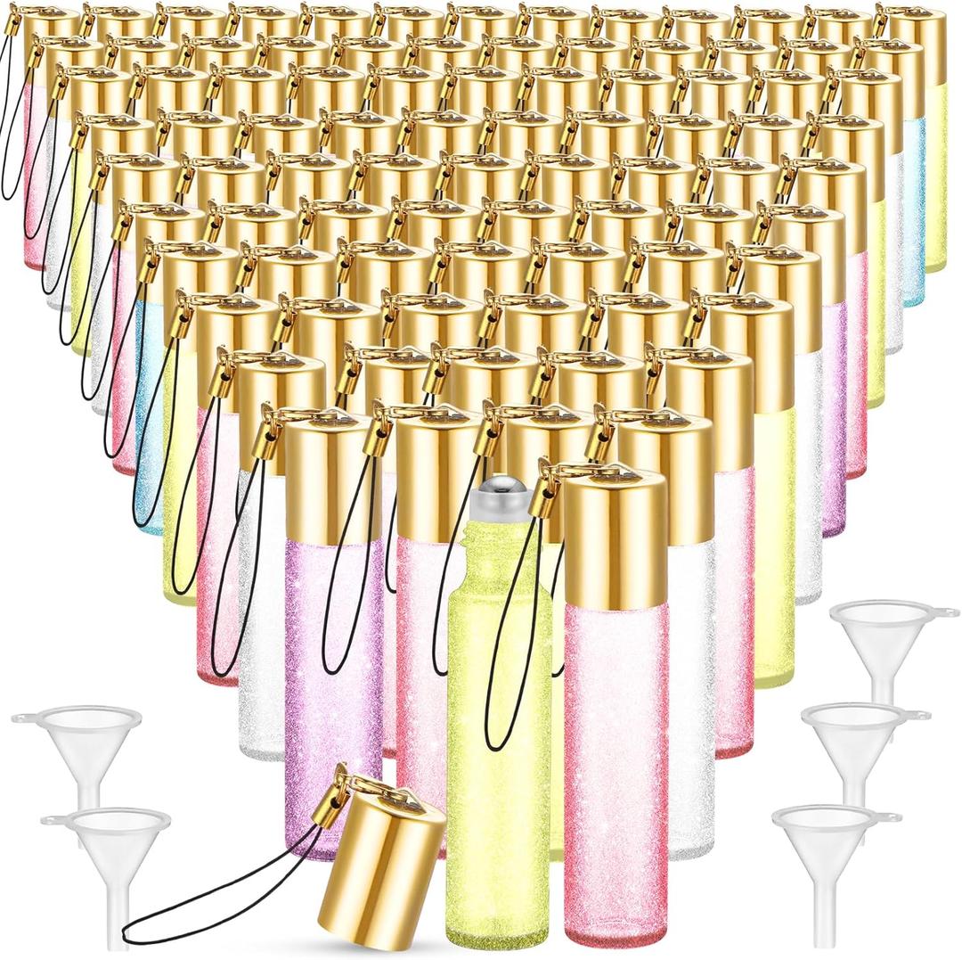Sumind 150 Pcs Essential Oil Roller Bottles 10 ml Glass Roller Bottles with Stainless Steel Roller Balls Empty Bottles Leak Proof Roll on Bottles with 5 Funnel for Travel Essential Oil (Multicolor)