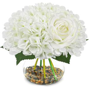N&T NIETING Artificial Hydrangea Flowers with Vase White Fake Flowers with Rose Faux Hydrangea Flowers with Faux Water Real Stone for Home Office Table Room Wedding Centerpiece Decorations