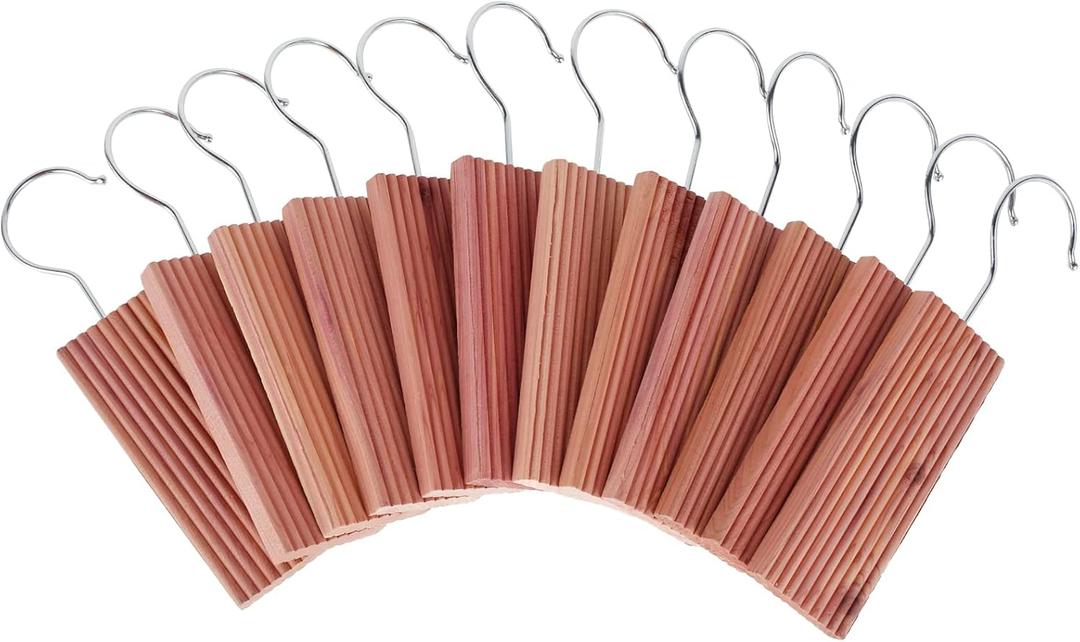12 Pcs Cedar Blocks with 12 Hook Hanger Hang Ups for Clothes Storage Natural Aromatic Long-Lasting Scent Cedar for Drawers and Closets 5.1x1.9x0.5in