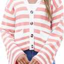 Saodimallsu Womens Striped Cardigan Sweaters Cropped Fall Button Open Front Long Sleeve Knit Sweater Coat with Pockets Small